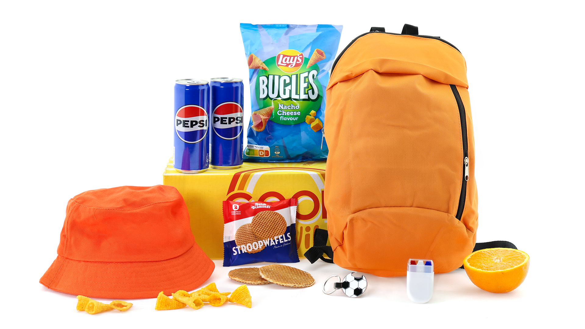 Wk Pakket Oranje Supporter Oranje supporterspakket met rugzak, zonnehoedje, bodypaint, flesopener, snacks, stroopwafels en cola